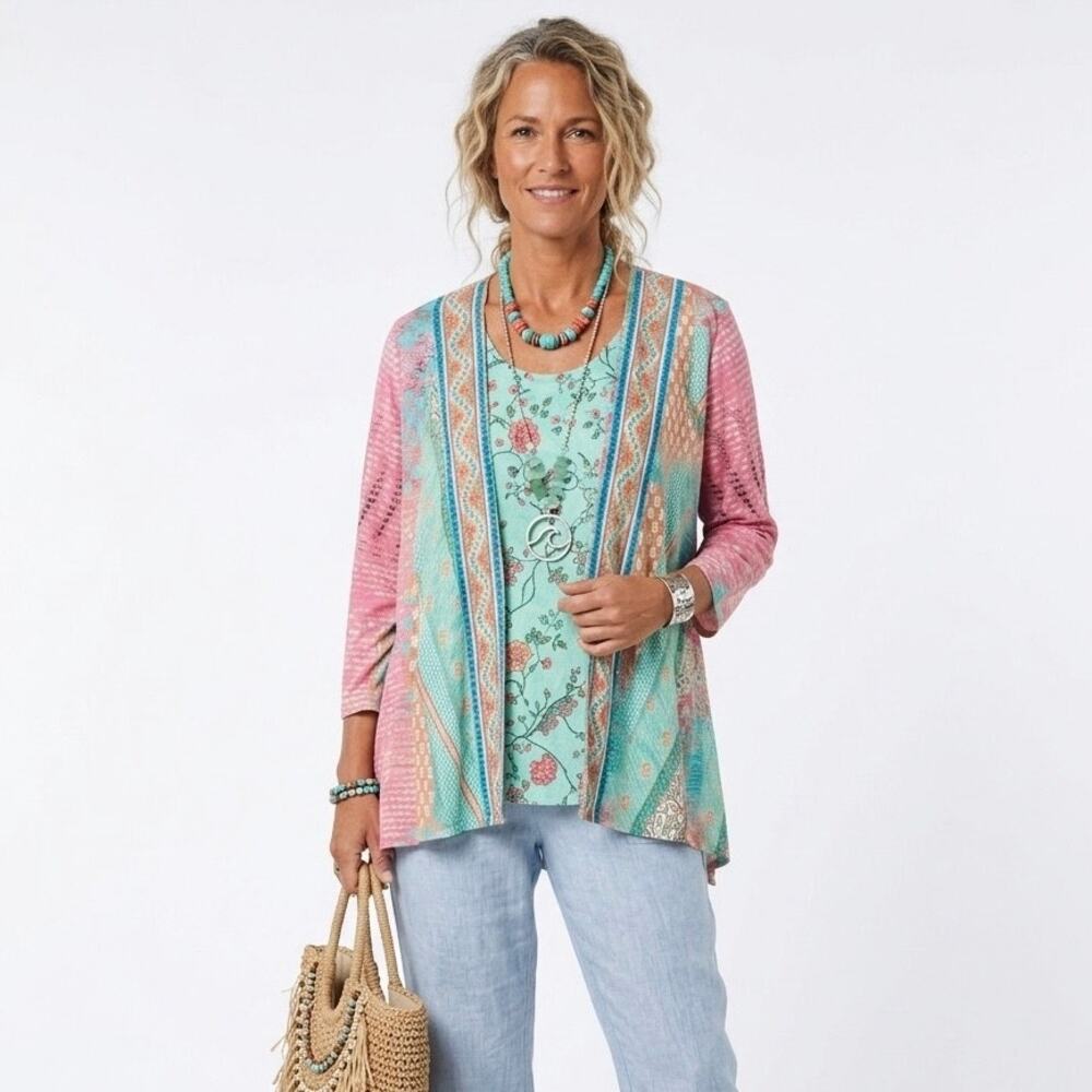 TOLANI COLLECTION Women's M Layered Printed Modal Multicolor Floral Top Beachy